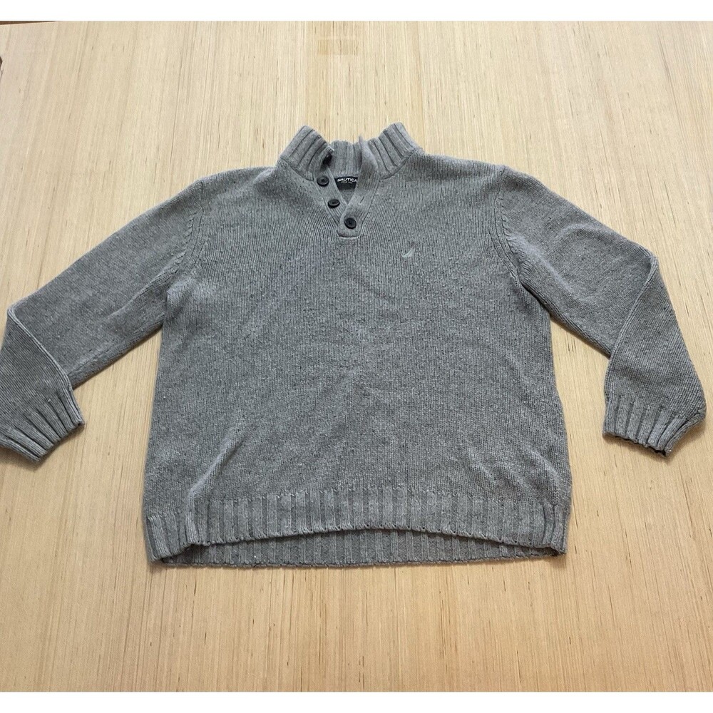 Nautica Mens XXL Sweater 4 Button Henley Gray Knit Pullover Cotton Sweater